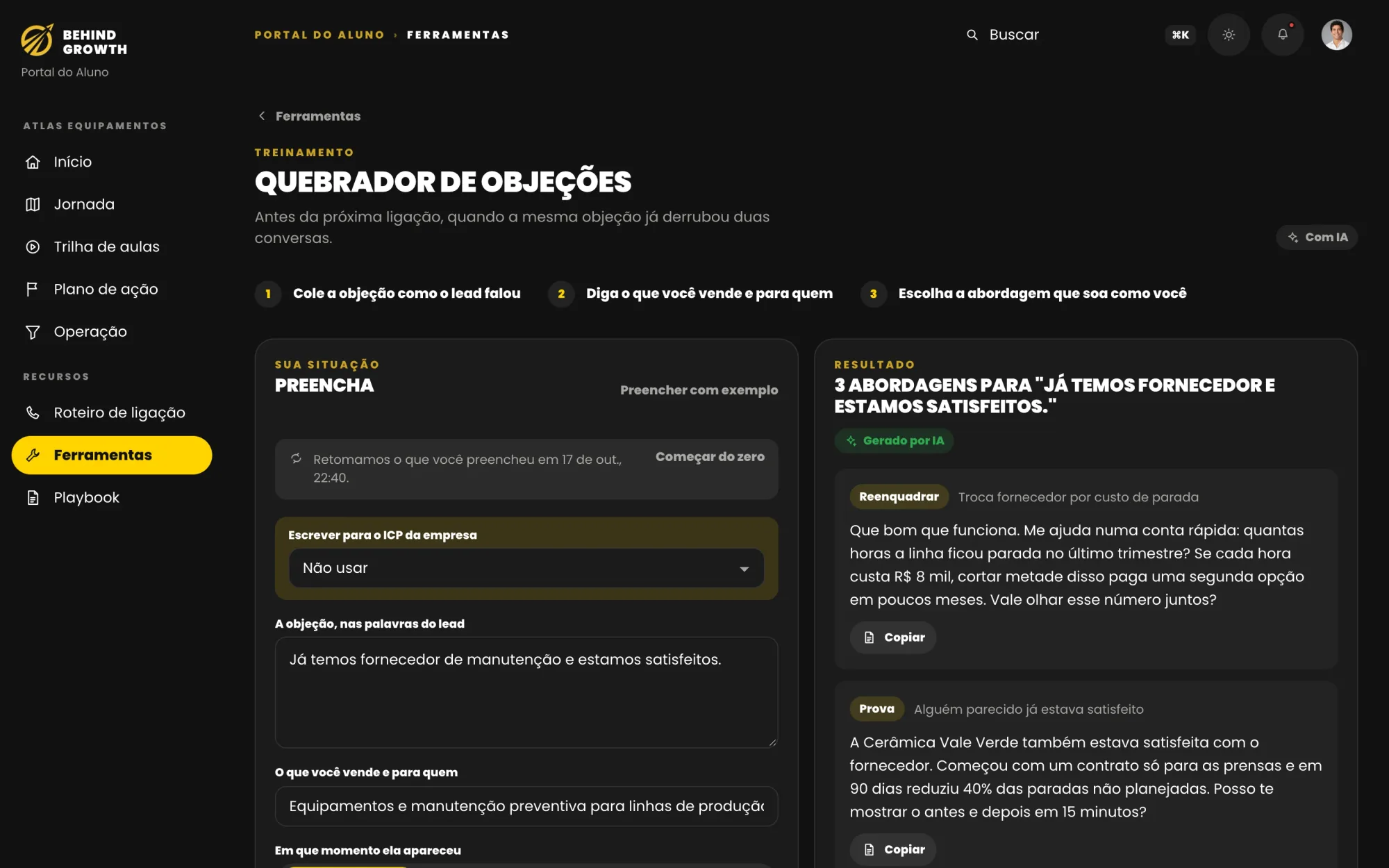 Ferramenta de IA que monta a resposta a uma objeção do cliente a partir do contexto da venda.