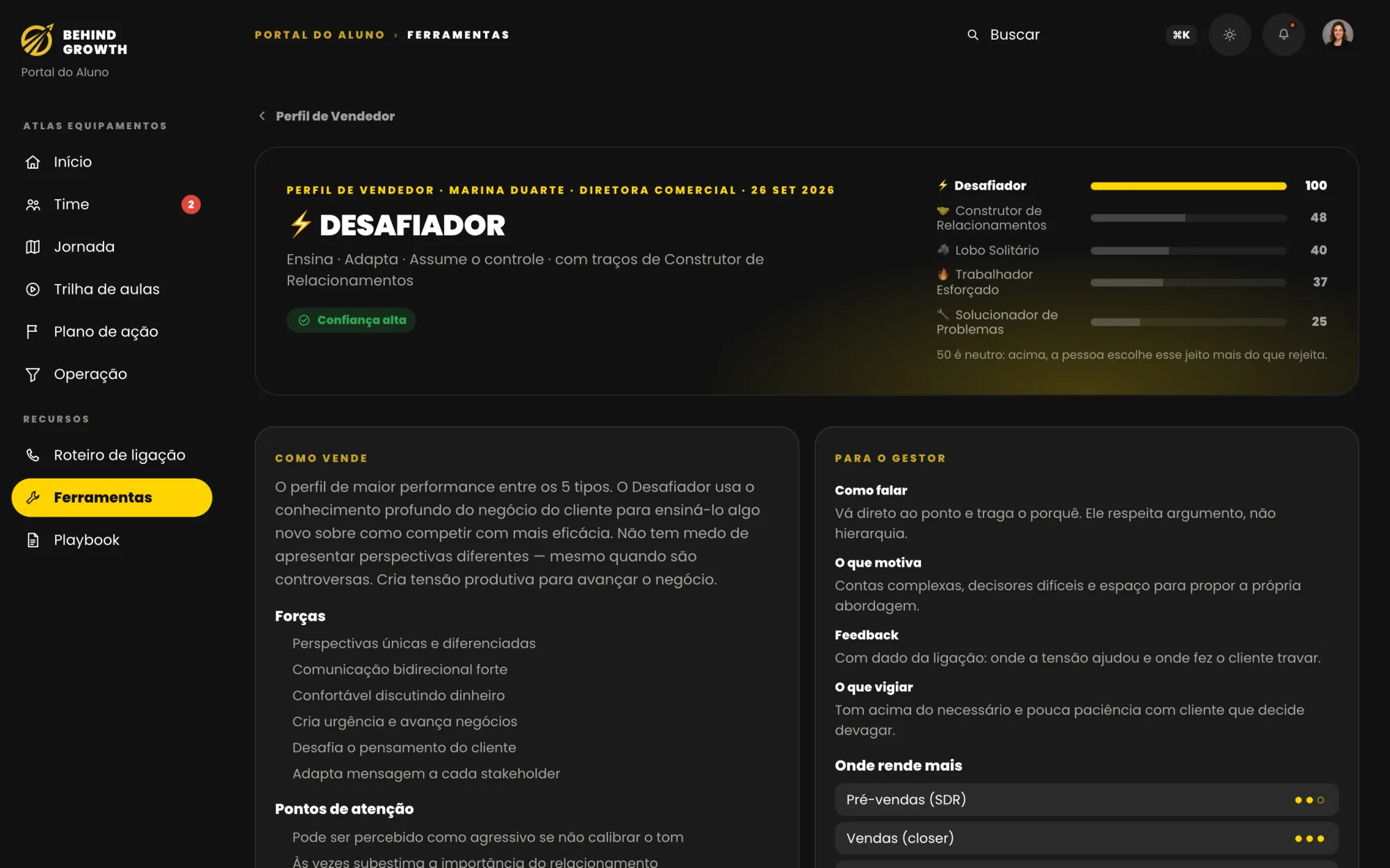 Resultado do perfil do vendedor: pontos fortes e o que treinar.