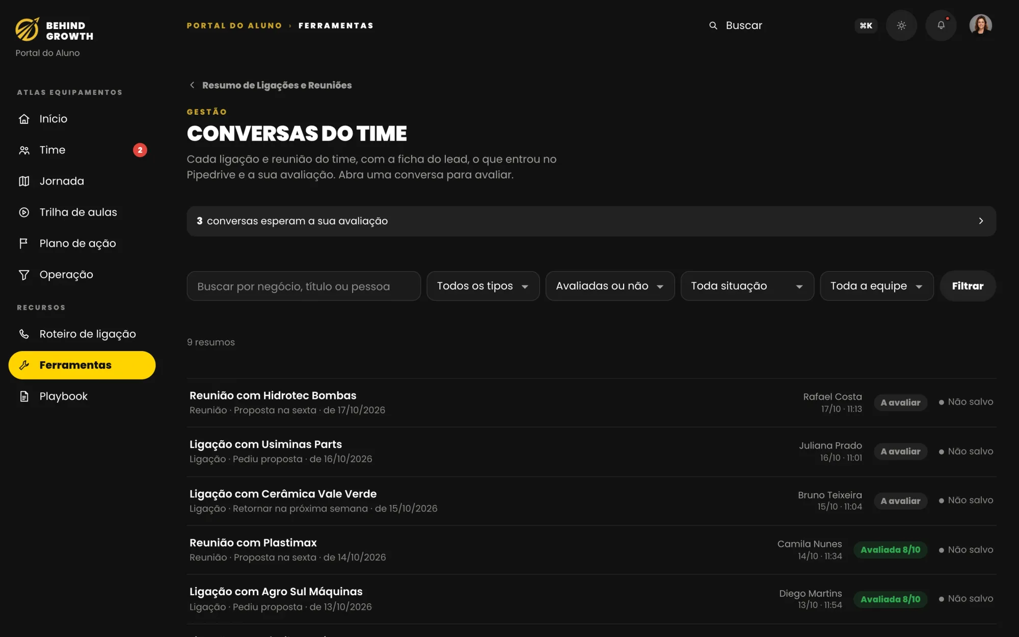 Histórico de resumos de ligações e reuniões do time.