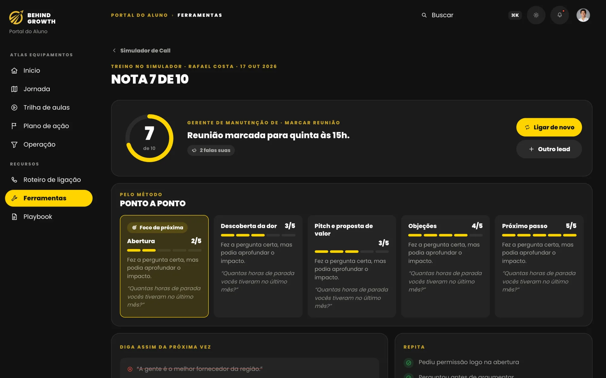 Resultado de um treino no simulador de call: nota 7 de 10, avaliação por etapa da conversa e o que repetir.