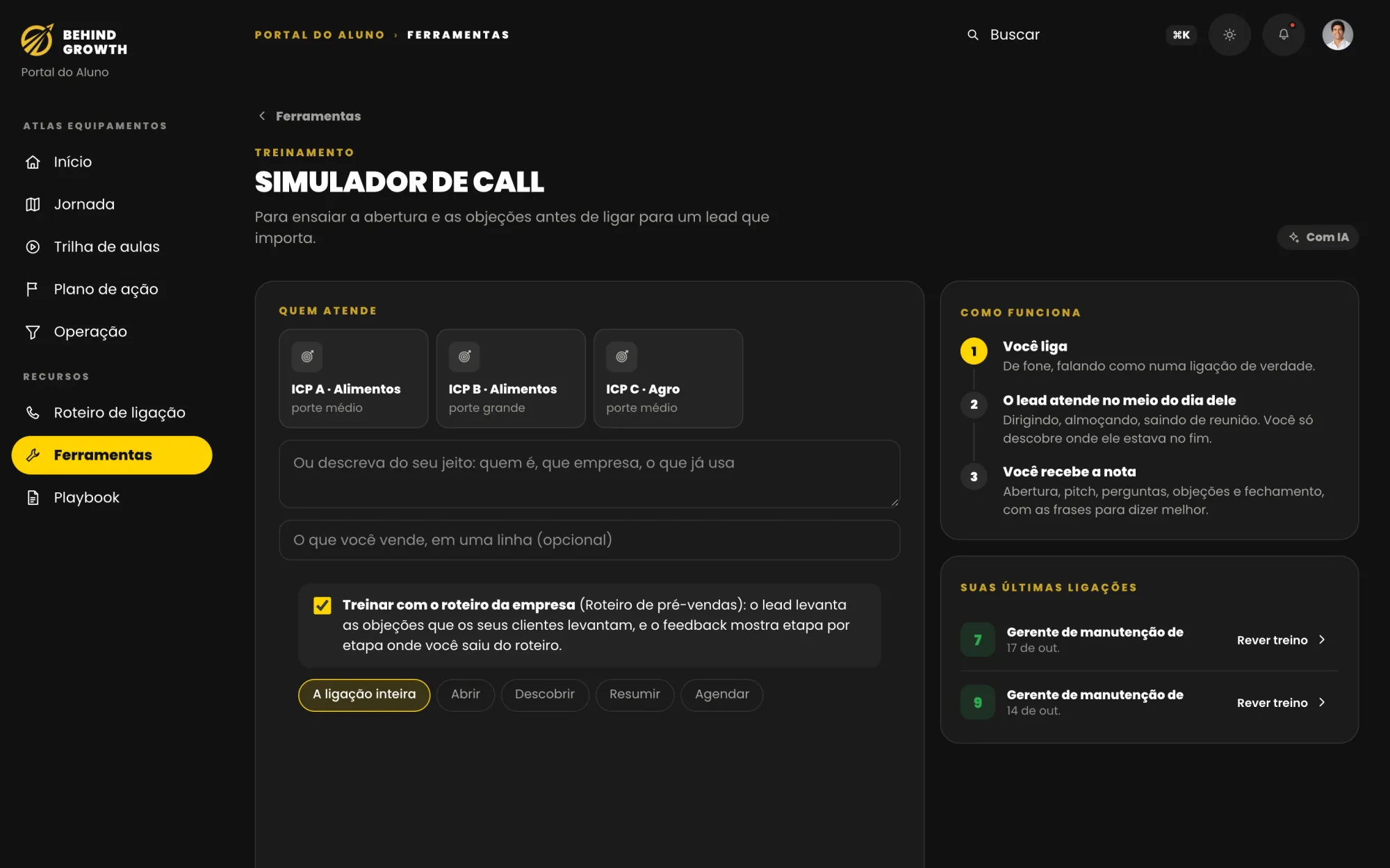 Tela do simulador de call no computador.