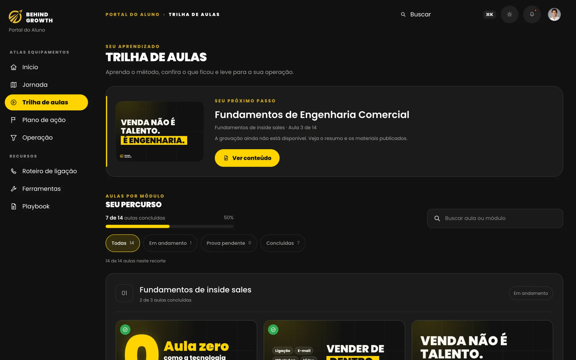 Trilha de aulas do método, com o progresso de cada aula.